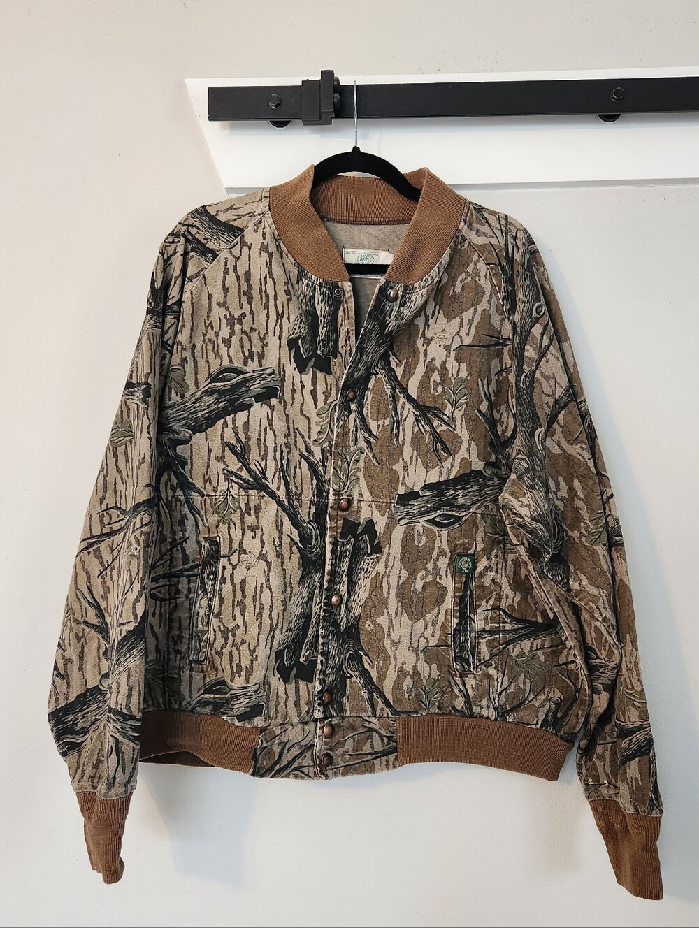 Vintage Mossy Oak Jacket Mens XL Brown Snap Bomber Tree‎ Stand Leaf Camo USA 80s